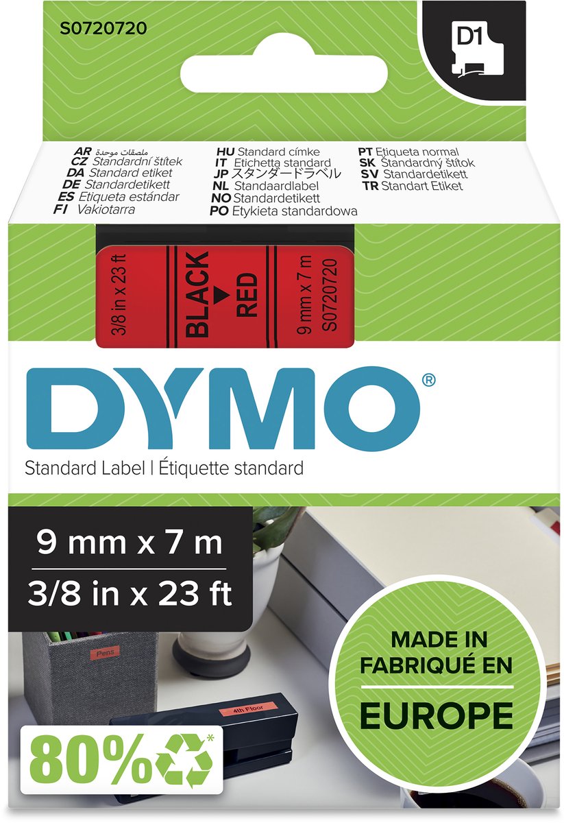 Bänder Dymo D1 Polyester 9mmx7m schwarz-rot glänzend