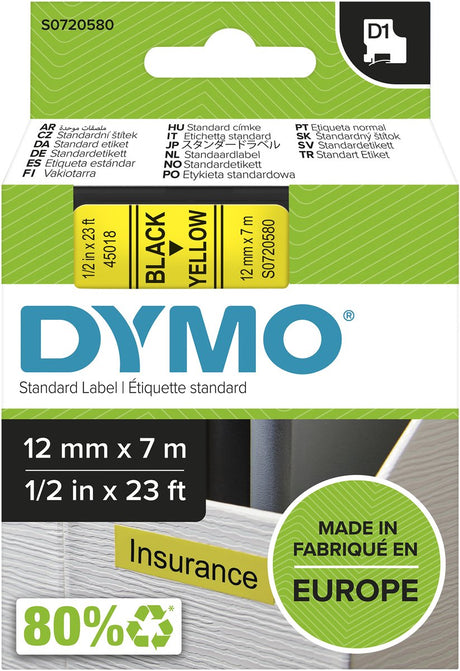 Bänder Dymo D1 Polyester 12mmx7m schwarz-gelb glänzend
