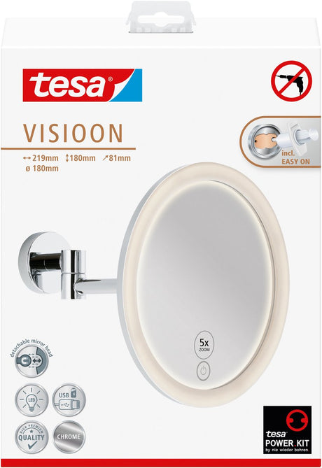 Tesa visioon led make-upspiegel - draadloze badkamerspiegel met dimbare verlichting - touchbediening, ingebouwde oplaadbare batterij, 5x vergroting, zwenkarm - montage zonder boren - 18 cm - chroom