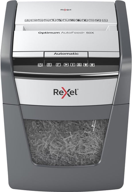 Rexel Optimum Autofeed+ 50x Flüsterleiser Aktenvernichter – P4 vernichtet – Automatischer Einzug bis zu 50 Blatt – 20 l – Schwarz
