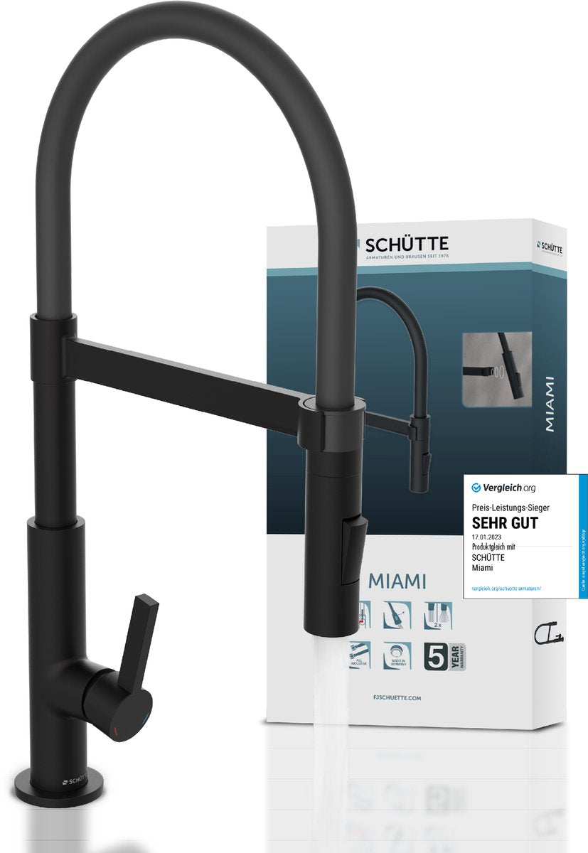 Schütte Miami Design Küchenarmatur - Mischbatterie - Schwenkauslauf mit Soft-Touch-Schlauch - Schwarz matt