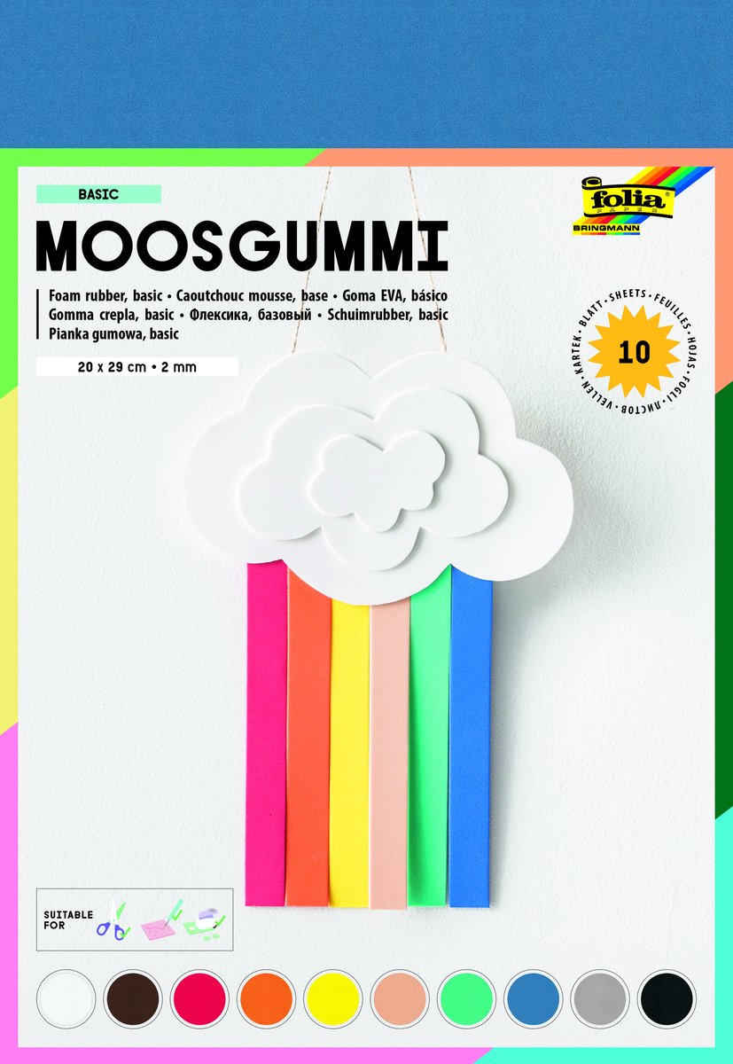 Folia Moosgummi, Packung mit 10 Blättern in 10 verschiedenen Farben