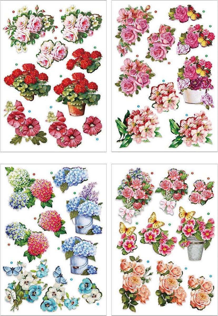 Creativ Company 3D-Schneidebögen – Blumenmotiv – kreative Scrapbook-Dekoration – Kartenherstellung – Hobbybasteln – Blumendrucke – Größe 21 x 30 cm – 4 Bögen – für DIY-Projekte und kreative Verwendung