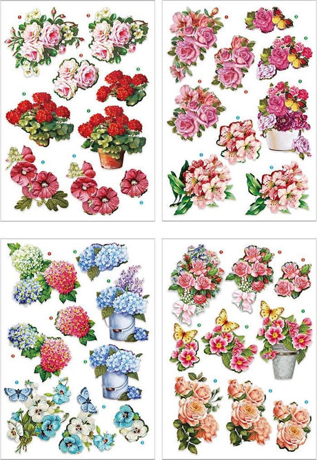 Creativ Company 3D-Schneidebögen – Blumenmotiv – kreative Scrapbook-Dekoration – Kartenherstellung – Hobbybasteln – Blumendrucke – Größe 21 x 30 cm – 4 Bögen – für DIY-Projekte und kreative Verwendung