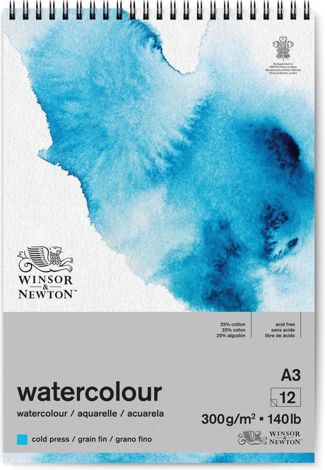Winsor Newton 6662580 Classic Aquarellblock Spiralblock – 300 g m², 12 Blatt, A3, kaltgepresst, Maserung Flosse – Aquarellpapier im Spiralblock A3