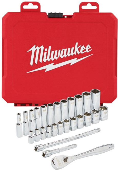 Milwaukee Zubehör Milwaukee Ratsche + Steckschlüsselsatz 1 4 Antrieb 28-teiliges Ratschen + Steckschlüsselsatz metrisch – 4932464943