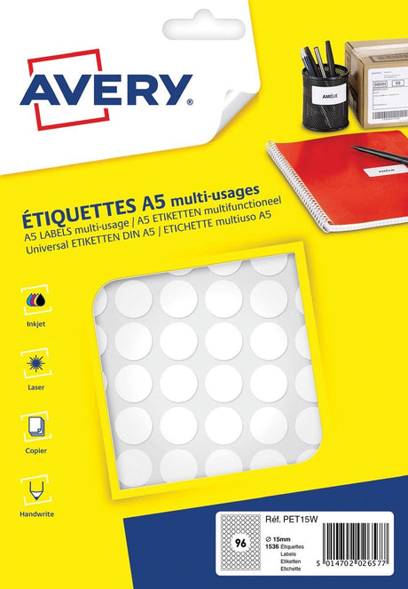 Avery etiket a5 15mm rond blister 168st wit