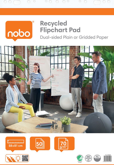 Nobo recyceltes Flipchart-Papier auf Rolle – 50 Blatt doppelseitiges Blanko- oder Karopapier – 58 x 81 cm – 70 Gramm