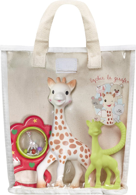 Sophie die Giraffe Geschenkset in Baumwoll-Geschenktüte – Rassel-Beißring – Mutterschaftsgeschenk – Babyparty-Geschenk – 4-teilig