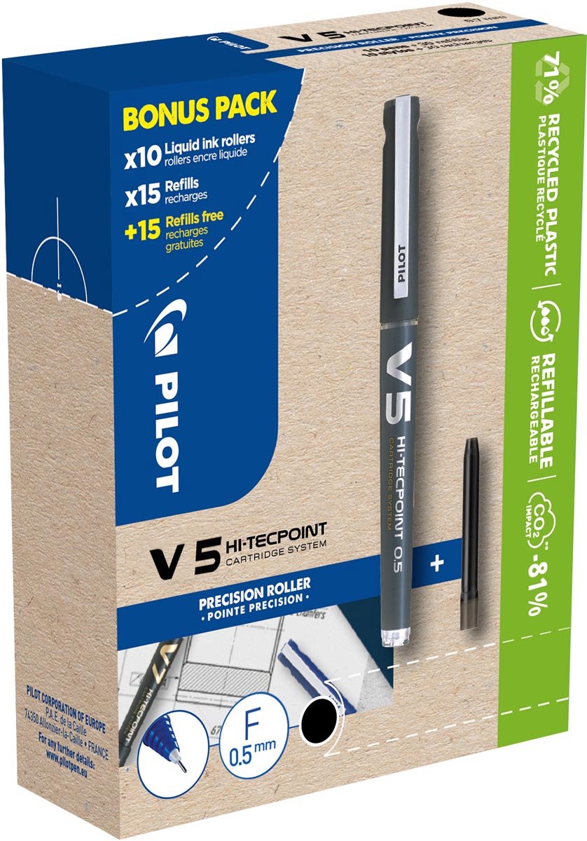 Pilot hi-tecpoint v5, 10 Rollen + 30 Minen, fein, schwarz
