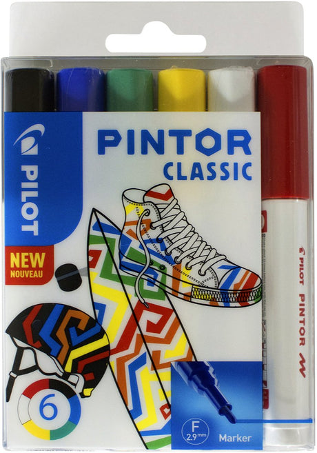 Pilot Pintor Farbstiftset mit 6 Farben – klassisches Set – feiner Marker mit 2,9-mm-Spitze – Tinte auf Wasserbasis – deckt jede Oberfläche ab, auch die dunkelste – zeichnen, färben, dekorieren, markieren, schreiben, kalligraphieren …