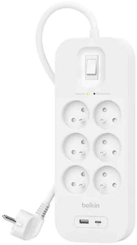 Belkin spanningsbeveiliger met 6 stopcontacten wit 2m (usb-c+usb-a) belgisch gebruik