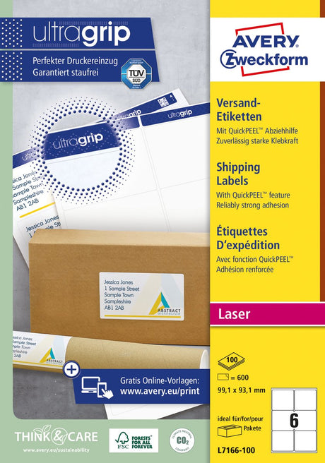 Avery Versandetiketten für Laserdrucker Blockout und Quickpeel L7166-100 99,1 x 93,1 mm