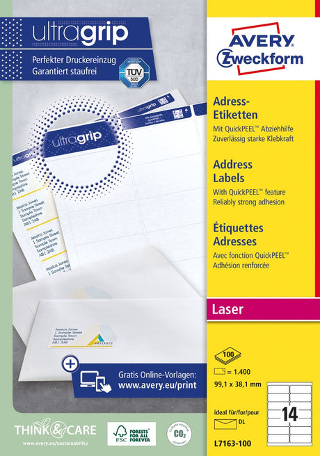 Avery recycelte Etiketten für Laserdrucker Quickpeel LR7163-100 99,1 x 38,1 mm