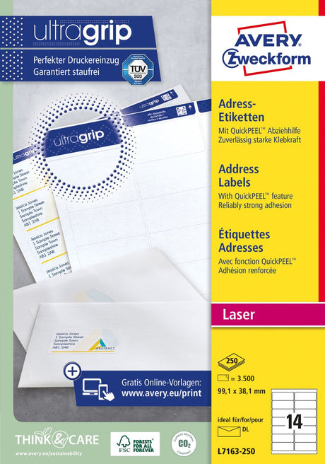 Markenloses Sans-Marque-Privatetikett Avery L7163-250 Laserdruckeretikett 99,1 x 38,1 weiß