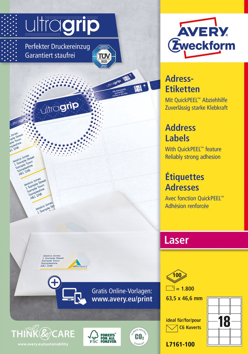 Avery recycelte Etiketten für Laserdrucker Quickpeel LR7161-100 63,5 x 46,6 mm