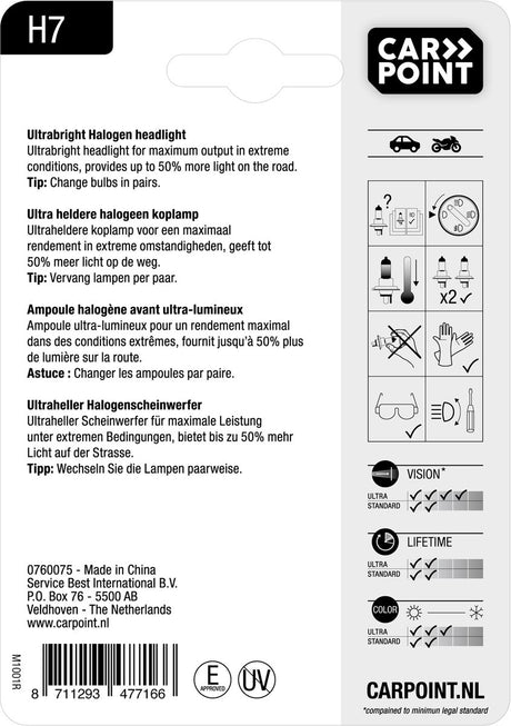 Carpoint ultrahelle H7-Halogenlampe, 12 V, 55 W, kraftvolles Licht, langlebig, energieeffizient, wetterbeständig