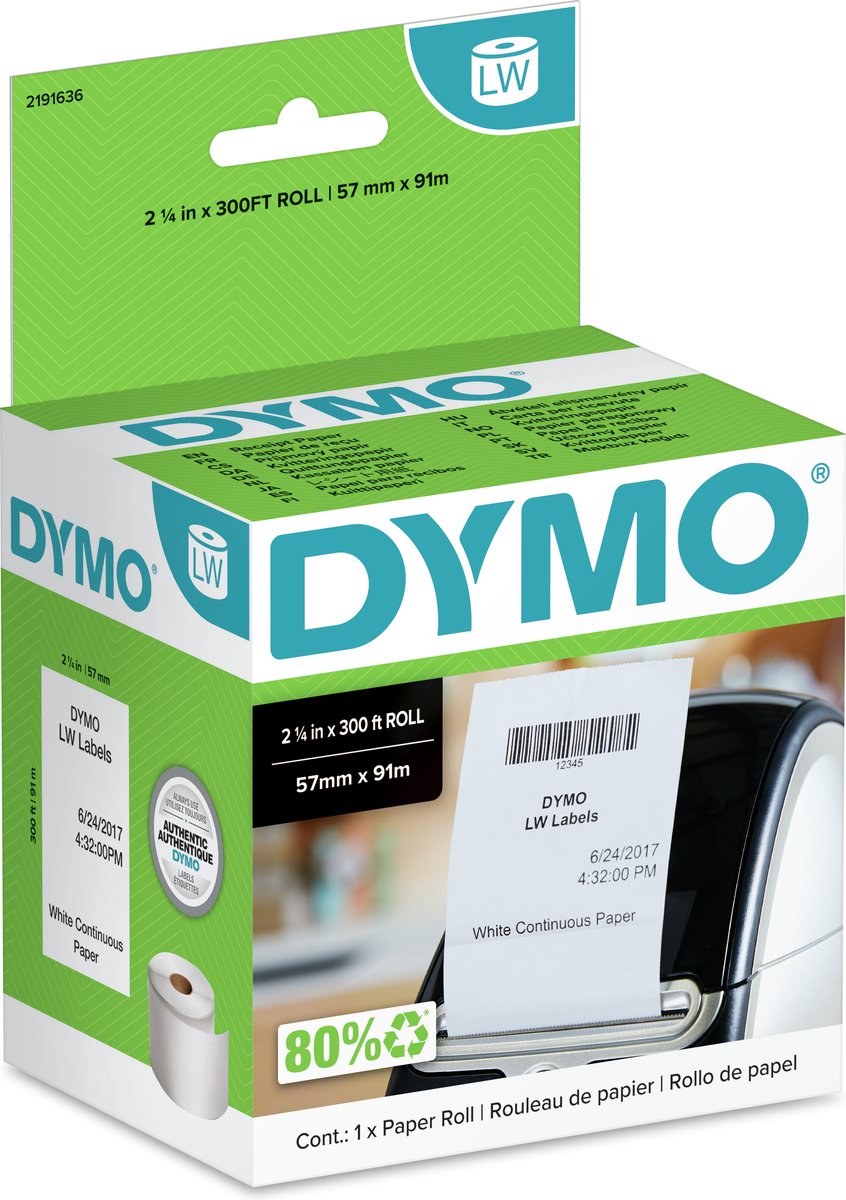 Dymo Original Endlospapierrollen-Etikettendrucker | 57 mm x 91 m | selbstklebende Etiketten für die Labelwriter-Etikettendrucker