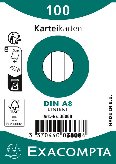 Exacompta 1x Packung mit 100 Karteikarten in Folie – Bristol liniert, nicht perforiert, 55 x 74 mm, weiß