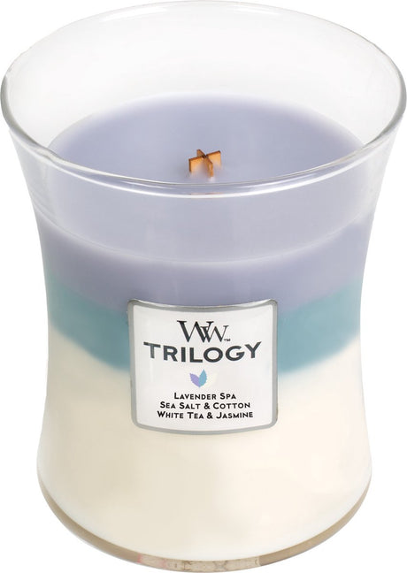 Woodwick Hourglass Trilogy mittelgroße Duftkerze – beruhigender Rückzugsort – 60 Brennstunden