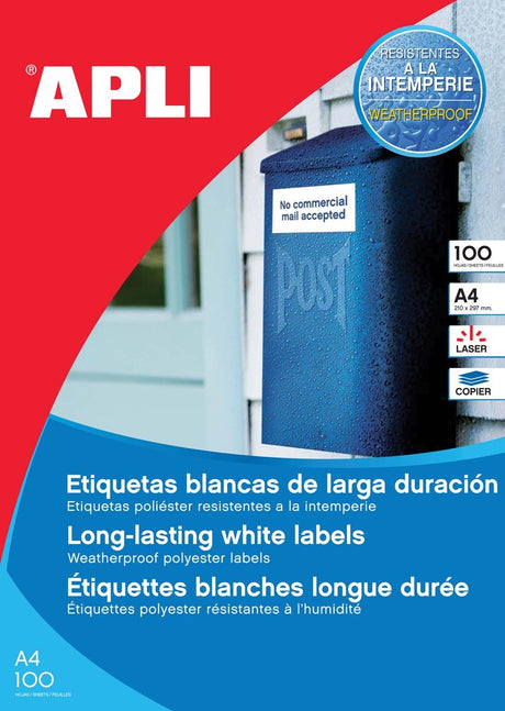 Apli wetterfeste Etiketten, Format 210 x 297 mm (B x H), 100 Stück, 1 pro Blatt, Karton mit 100 Blatt