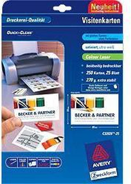Avery zweckform avery-zweckform c32026-25 bedruckbare Visitenkarten, glatte Seite 85 x 54 mm ultraweiß 250 Stück Papierformat: DIN A4