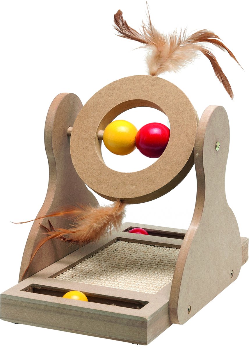 Flamingo Katzenspielzeug Kratzspielzeug Willa Hellbraun – Interaktives Taumelspielzeug aus MDF mit Sisal, Federbällen – Kratzspaß und Herausforderung in einem