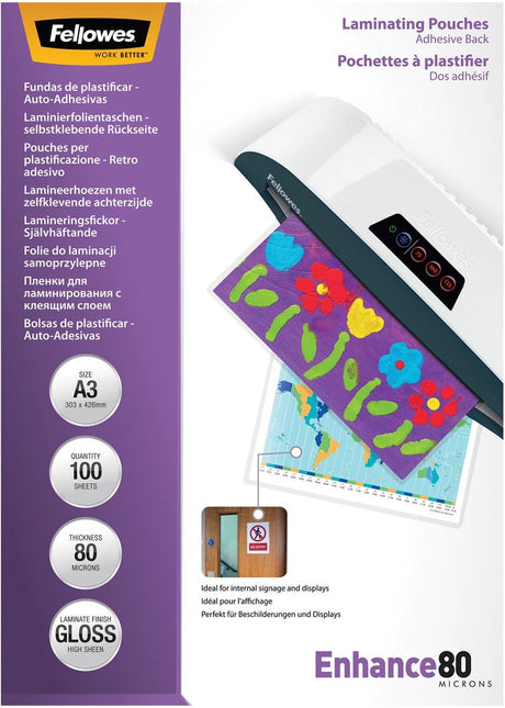Fellowes Laminierfolien A3 – selbstklebende Rückseite – 80 Mikron – 100 Stück