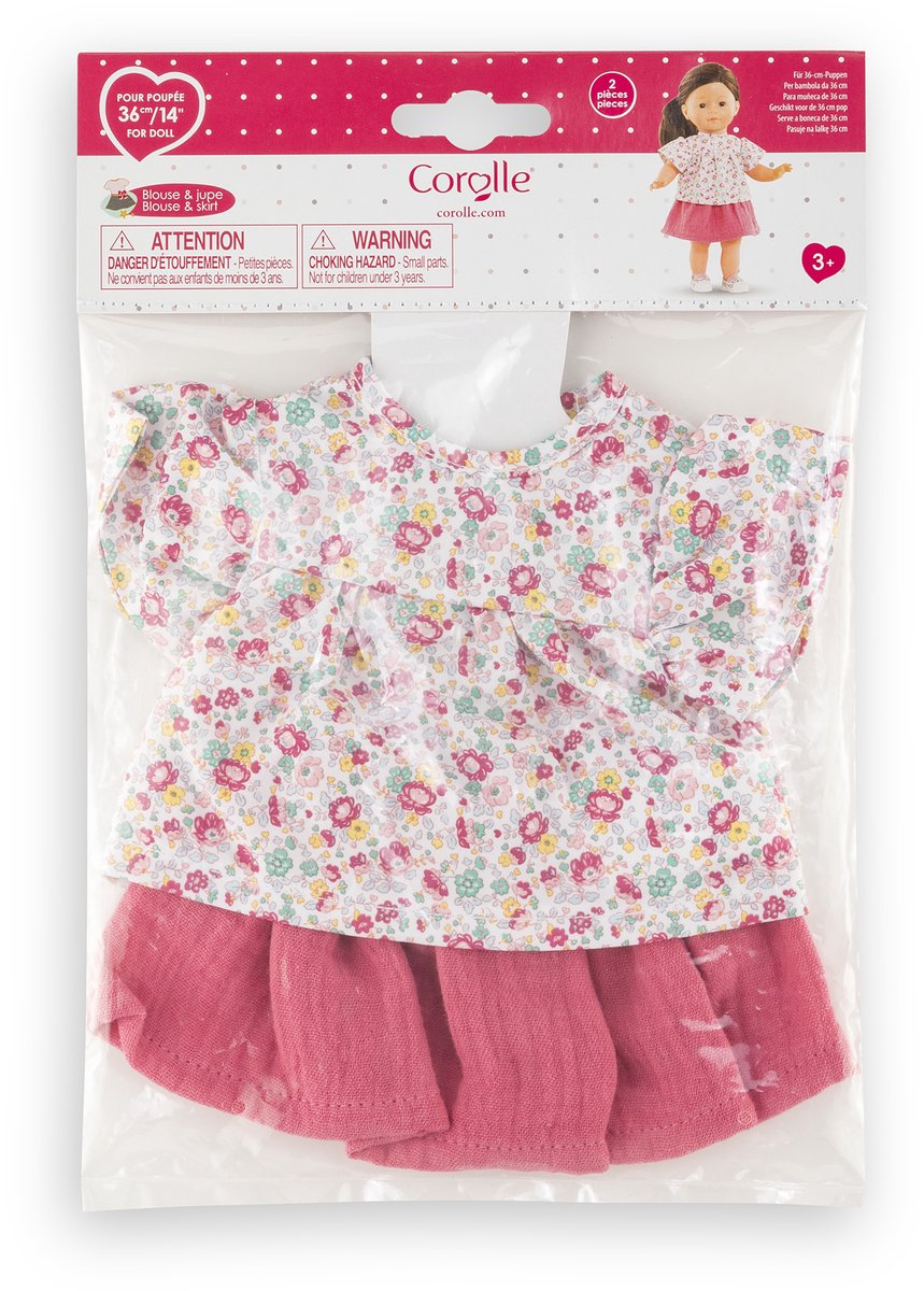 Corolle Puppenkleidungsset mit geblümter Bluse und Rock, 36-cm-Puppenzubehör.