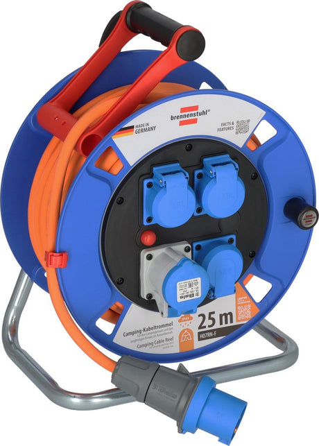 Brennerstuhl Camping Kabeltrommel 25m Garantie CEE IP44 (CEE Spule mit H07RN-F 3G2,5 Kabel in Orange, Kabeltrommel für den dauerhaften Außeneinsatz IP44, Made in Germany)