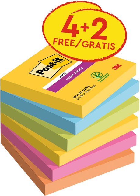 Post-it Super Sticky Super Sticky Notes Post-it 654-sscarn-p4+2 Blau, Gelb, Grün, Orange Pink