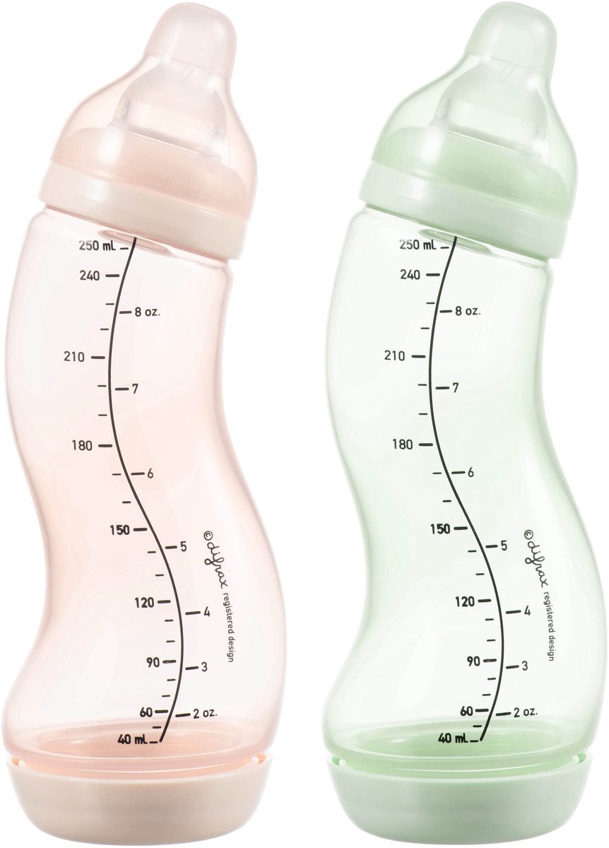Difrax Babyflasche Natur – 250 ml – Rosa Hellgrün – 2 Stück – S-Flasche – Anti-Kolik