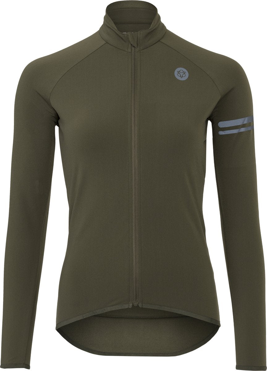 Agu essential - dames thermo fietsshirt lange mouwen - wielrenshirt - groen - fleece kraag - ykk rits - reflecterend - 3 achterzakken - xl