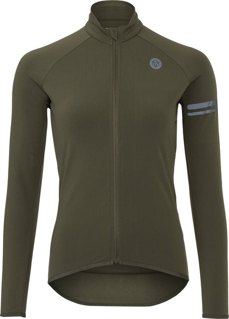Agu essential - dames thermo fietsshirt lange mouwen - wielrenshirt - groen - fleece kraag - ykk rits - reflecterend - 3 achterzakken - xl