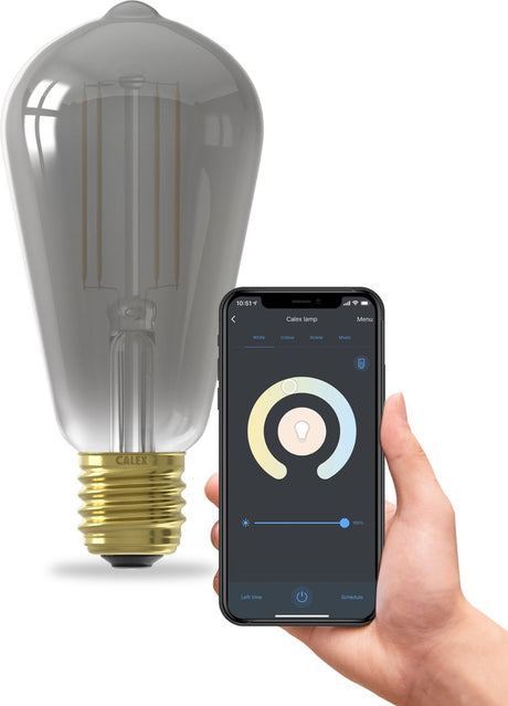 Calex Smart-Lampe – WLAN-LED-Filament-Beleuchtung – E27 – rustikale Smart-Glühbirne aus Titan – dimmbar – warmweißes Licht – 7 W