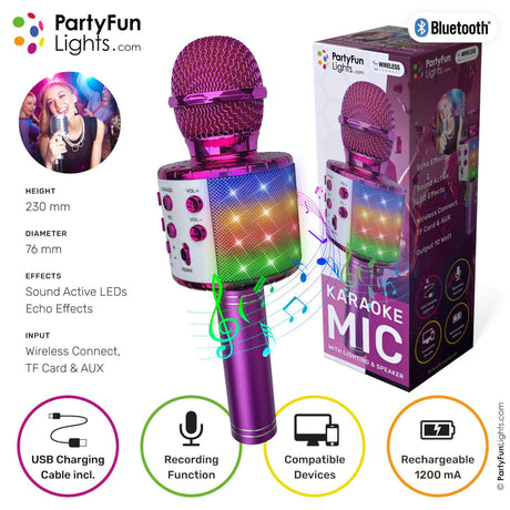 Partyfun Lights Karaoke-Mikrofon, Partylautsprecher, rosa, 1200 mA