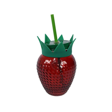 Decoris Trinkbecher Erdbeere mit Strohhalm, Glas rot, 450 ml, Durchmesser 10 x 13 cm, nicht spülmaschinenfest