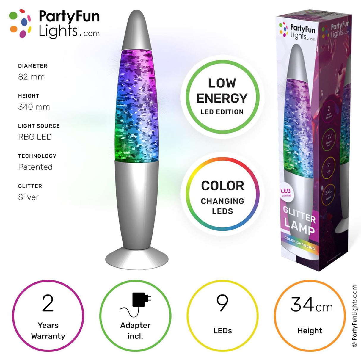 Partyfunlights - Glitzerlampe Multi-Color LED - energieeffiziente Technologie - wechselt die Farbe - Höhe 34cm - inkl. Adapter