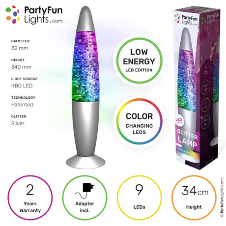 Partyfunlights - Glitzerlampe Multi-Color LED - energieeffiziente Technologie - wechselt die Farbe - Höhe 34cm - inkl. Adapter