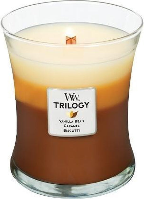 Woodwick Hourglass Trilogy mittelgroße Duftkerze – Café-Süßigkeiten – 60 Brennstunden