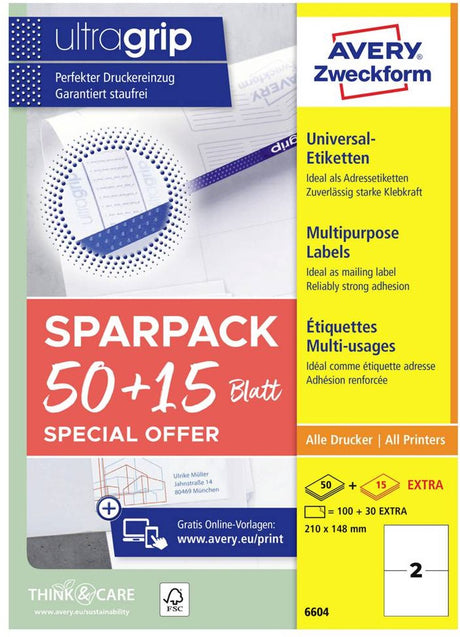 Avery -Zweckform 6604 Universaletiketten 210 x 148 mm Papier weiß 130 Stück(e) permanent klebend, ilc