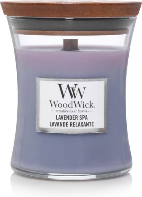 Mittlere Sanduhr-Duftkerze von Woodwick – Lavendel-Spa – 60 Brennstunden