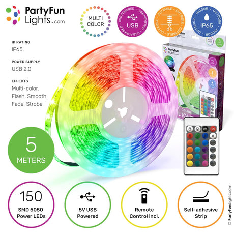 Partyfun Lights Partyfunlights - LED-Streifen - mehrfarbiges RGB - funktioniert über USB - 5 Meter