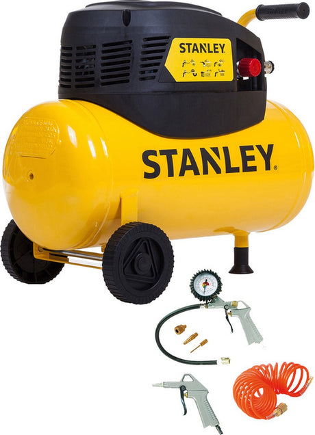 Stanley compressor d200 8 24 incl. 6 accessoires - luchtcompressor 8 bar - 24l - incl. luchtpistool, opblaaspistool, spiraalslang 5m en 3 opzetstukken - geel