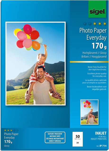 Sigel Inkjet-Fotopapier – Everyday Plus – A4 – Hochglanz – 170 Gramm – 50 Blatt – SI-IP714