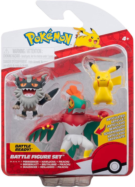 Jazwares Pokémon-Kampffiguren-Set, 3er-Pack, Pikachu #8, Perrserker, Hawlucha, 5 cm große Actionfigur