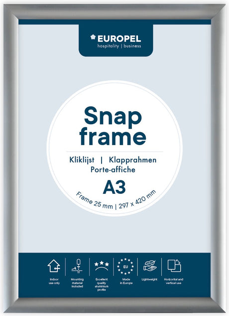 Europel Klickrahmen – Posterrahmen – A3 – 29,7 x 42 cm – 25 mm – Aluminium – Silber