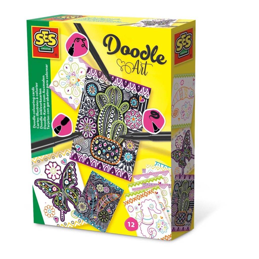 Ses kreative Doodle-Art-Malkarten, 12 Stück + 3 schwarze Marker