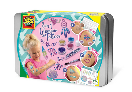 Ses creative – Hobby Pink – 3 in 1 Glamour-Tattoos – Basteln für Mädchen – biologisch abbaubar – ab 5 Jahren