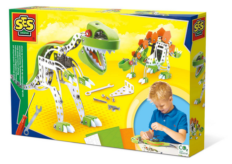 Ses Creative Ses – Metallbaukasten Dino – mit Schaumstoffteilen in 3 Farben – inklusive Schrauben, Muttern, Schraubenschlüssel und Schraubendreher – Basteln für Jungen – Dinosaurier-Spielzeug